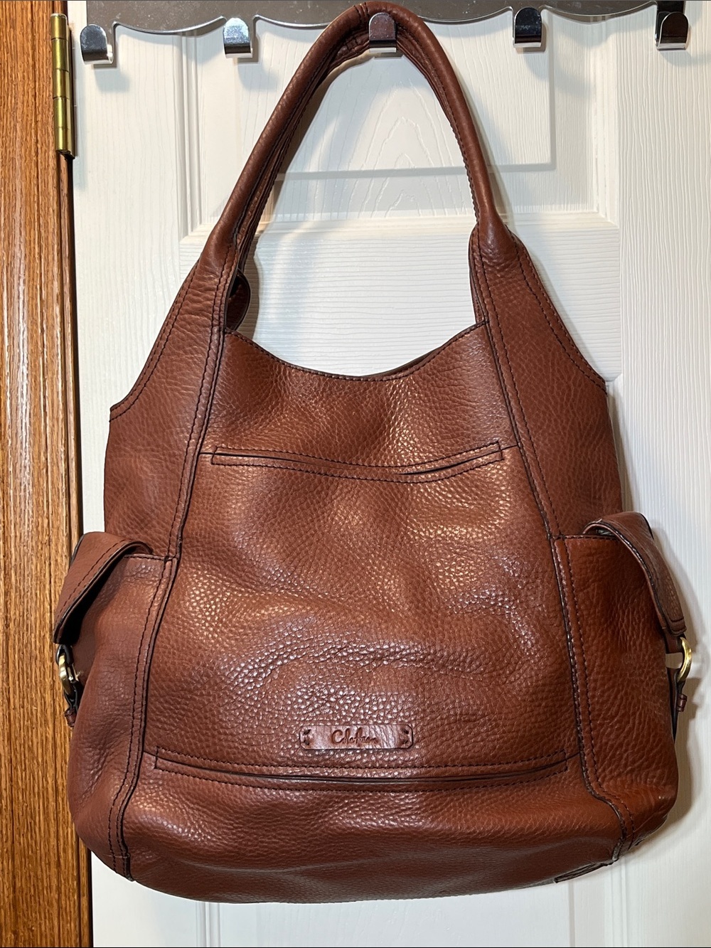 Cole Haan Tobacco Brown Pebbled Leather Shoulder Bag Purse Tote Gold Tone Trim